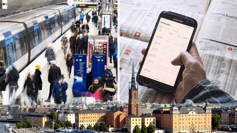 Fotomontage, börshandel och Stockholm.